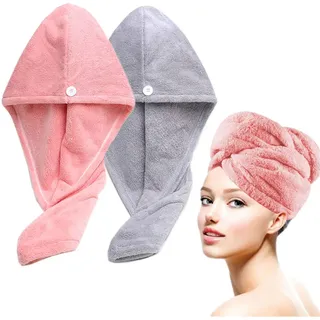 Lumimi 2er-Set Haarturban Kopfhandtuch aus Mikrofaser Extra Saugfähig Schnelltrocknend Flauschig Knopfverschluss Rosa Grau