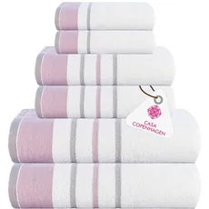 Casa Copenhagen White Bay-Handtuch aus 600 g/m2 ägyptischer Baumwolle für Hotel, Spa, Küche und Bad, 6-teiliges Set mit 2 Bädern, 2 Händen, 2 Waschlappen– Weiß mit lavendelfarbenem und grauem Rand