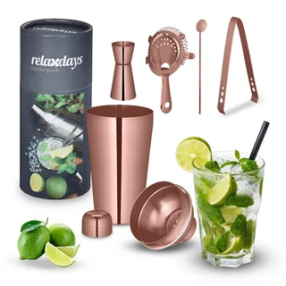 Relaxdays Cocktail Shaker Set, Edelstahl, 5-teiliges Bar Kit, 500 ml, Bar Zubehör für Zuhause, Cocktailmixset, Bronze