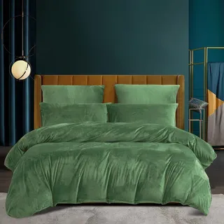 Bettwäsche Set 200x200 cm Grün Samt Plüsch Warm Thermofleece Reißverschluss 3-teilig