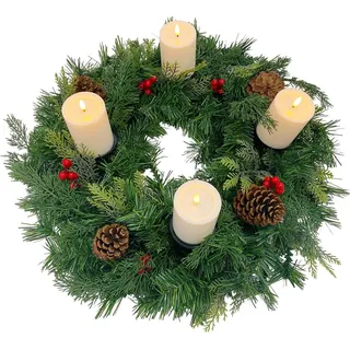 Gartenpirat Künstlicher Adventskranz 60 cm mit 4 LED-Kerzen Flacker-Effekt mit Tannenzapfen und roten Beeren