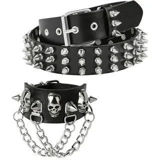 MHYMX Punk Accessoires, 2-Teiliges Set Nietengürtel Nietenarmband Einstellbar Y2k Gürtel Studded Bracelet Damen und Herren Goth Accessories für Biker Stil Rock Party