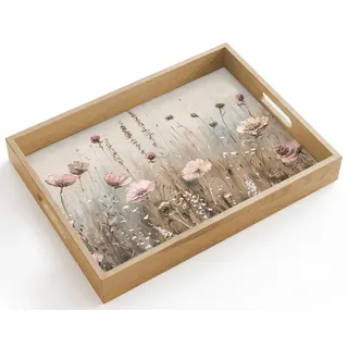 OnlyWow© Tablett Serviertablett rutschfest Griff Küchentablett | 40x30 cm - Rechteckig - Servierplatte Eiche Holztablett Henkel Hitzebeständig Blumen - Rosa - Modern - Beige