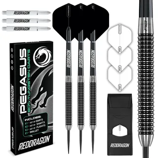 Red Dragon Darts RED DRAGON Pegasus Professionelles Wolfram-Steeltip-Dart-Set, erhältlich in 21, 23, 24, 25, 26, 28, 30 Gramm, mit Flights, Schäften (Schäften) und Tasche (Schwarz 28G, 1)