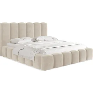 Polsterbett 200x200 mit Bettkasten und Lattenrost – Weiß Bett mit hohem Kopfteil, Boucle oder Samt Stoff - Modernes Doppelbett mit Stauraum – Bettgestell, ohne Matratze – Serenity - Weiß - Weiß