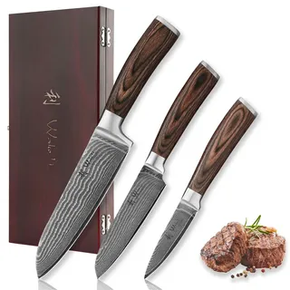 Wakoli Edib 3er Damastmesserset I Holzbox I 8 - 17cm Klinge I Pakkaholzgriff