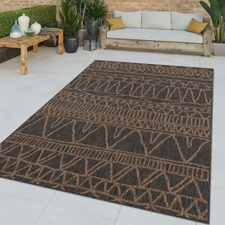 TT Home In-& Outdoor Teppich Wohnzimmer Wetterfest Terrasse Balkon Schlafzimmer Flachgewebe Geometrisch Abstrakt Ethno Größe 160x220 cm - Schwarz, Braun, Grau, Gelb
