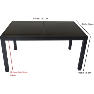 DEGAMO Gartentisch Esstisch Ausziehtisch TORINO 150/210x90cm, Aluminium + Glas schwarz - Schwarz, Grau