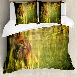 ABAKUHAUS Fuchs Bettbezug Set, Fox in der Sommer-Wald-frischen Wiesen-Gras-Wildnis-Vixen-Säugetier-Natur, 155 x 220 cm + 80 x 80 cm, Gelb Grün Orange
