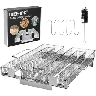 UIEEGPG Kaltrauchgenerator aus Edelstahl, Sparbrand Kaltraucherzeuger Mit Griffen Bürste + Haken für Räuchern von Fleisch Fisch für Smoker, Räucherofen, Kugelgrill zum Kalträuchern (22.5*21.5*4.5)