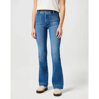 Bootcut-Jeans WRANGLER "Flare", Damen, Gr. 31, Länge 30, blau (raven), Denim/Jeans, Obermaterial: 80% Baumwolle, 18% Polyester, 2% Elasthan, unifarben, ausgestellt lang, Jeans Bootcut-Jeans, im Retro-Design mit ausgestelltem Bein