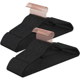 SONGMICS Kleiderbügel Samt, 30er Set, Bügel, rutschfest, kleine Stange für Krawatten, 360° drehbarer Haken, 0,6 cm dick, platzsparend, 43,5 cm lang, für Mäntel, Hosen, Roségold-Schwarz CRF21BK30