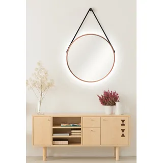 Wandspiegel rund Talos Copper Light Matt Ø 50 cm - Badspiegel mit indirekter Beleuchtung - Aufhängegurt in Lederoptik - Lichtspiegel mit Lichtfarbe neutralweiß - hochwertiger matt kupferner Aluminiumrahmen - Badezimmerspiegel - Kupfer