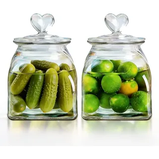 HomeyHoney Vorratsgläser mit Deckel Luftdicht 2er Set,Bonbonglas Mit Herzform Vorratsdosen Glas, Quadratische Behälter, 660ml Dekorative Vorratsglas Aufbewahrungsgläser für Candy Bar,Küche, Glatt