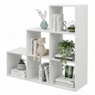 Relaxdays Stufenregal, 6 Fächer, HxBxT: 97,5 x 97,5 x 29 cm, Regal Dachschräge, Bücherregal Wohnzimmer, Raumteiler, weiß