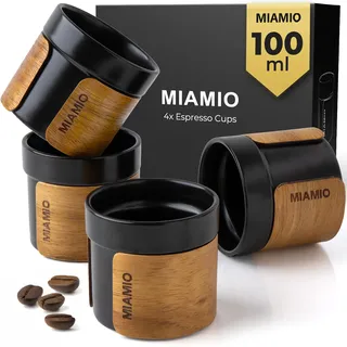 MIAMIO – Espressotassen 4er Set (100 ml) mit abnehmbarer Holzmanschette/Keramik Tassen ohne Henkel, Mokkatassen/Kaffeetassen, Espresso Tassen Set (Schwarz)