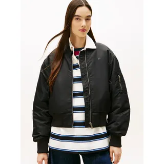 Bomberjacke TOMMY JEANS "TJW ESSENTIAL BOMBER JACKET", Damen, Gr. M (38), schwarz, Web, Obermaterial: 100% Nylon, unifarben, regular fit, Rippbündchen, Jacken Bomberjacke, Mit Reißverschlusstaschen an den Ärmeln