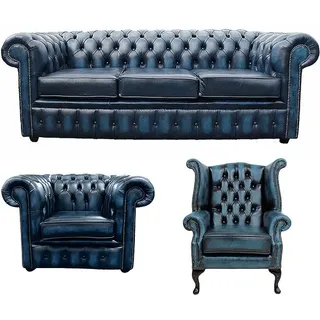 Sofagarnitur Chesterfield Polster Couch Sofa Leder Sitz Garnitur Ohrensessel - Dunkelblau