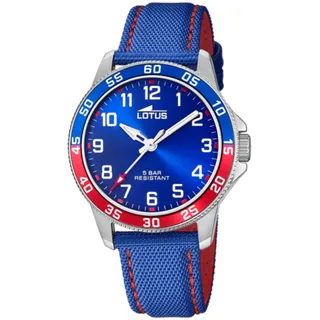 Lotus Analog Kinderuhr für Jungen mit blauem Lederarmband – Quarzwerk – Hochresistentes Mineralglas – Wasserdicht 5 ATM 18787/1 – Mit Geschenkarmband – Junior Collection