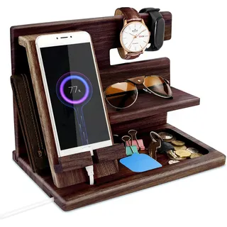 Geschenke für Männer Weihnachten Holz Telefon Dockingstation Uhren Geldbörsen Nachttisch Organizer Geburtstag Geschenk Papa, Geburtstagsgeschenke für Männer oder Vater Schreibtisch Organizer Holz