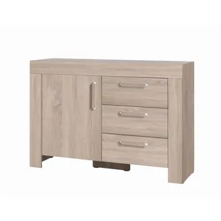 Furniture24 Kommode 120/85/42 cm CEZAR 11 Schrank Wohnzimmerschrank Schubladneschrank 1 Tür 3 Schubladen Sonoma Eiche - Silber