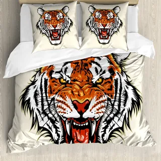 ABAKUHAUS Tiger Bettbezug, Bereit in Jungle zu Angriff, Milbensicher Allergiker geeignet mit Kissenbezügen, 200 cm x 200 cm - 80 x 80 cm, Orange Schwarz - Orange