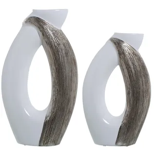Set mit 2 modernen Tischvasen aus Keramik, weiß und Silber, 27 x 9 x 47 cm und 24 x 9 x 40 cm