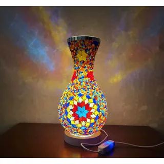 Maimeili Retro türkische Mosaik Vase Lampe türkische marokkanische Tischlampe bunte handgefertigte Glasvase mit Holzbasis für Blumen USB Lade Dekor Licht für Schlafzimmer Umgebung Wohnzimmer