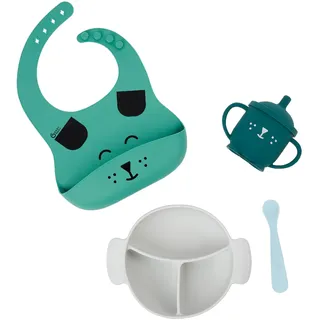 Babymoov Baby Geschirrset LEARN'ISY Fuchs - 4er Set aus Silikon, Trinklernbecher, Baby Lätzchen, Babylöffel, Teller mit Saugnapf, ab 15 Monaten