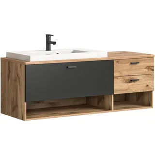 Waschtisch inkl. Waschbecken Grado (B/H/T: ca. 140/50/48 cm) in Nox Oak Nachbildung/Nox Oak , Eichefarben , Holzwerkstoff , Recyclingholz , 140x50x48 cm , Badezimmer, Badmöbel, Waschbeckenunterschränke