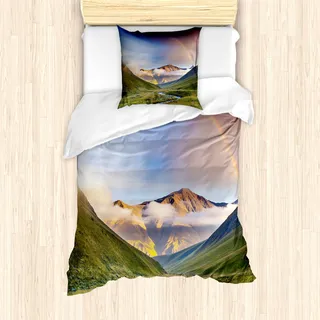 ABAKUHAUS Regenbogen Bettbezug Set für Einzelbetten, Wiesen-Flussbett-Nebel, Milbensicher Allergiker geeignet mit Kissenbezug, Mehrfarbig