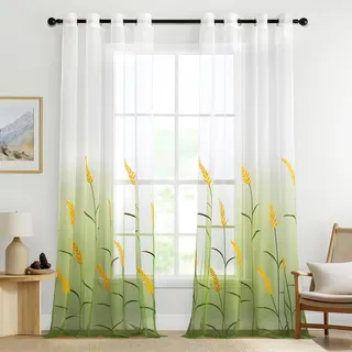 MIULEE Gardinen Bestickte Transparent Vorhänge Farbverlauf Voile Sheer 2er Set Motive Vorhang mit Ösen Dekoschal Fensterschal für Schlafzimmer und Wohnzimmer 245 cm x 140 cm(H x B) Grün