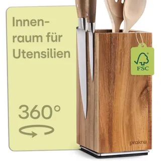 Praknu Messerblock Magnetisch 360° drehbar ohne Messer – FSC® Akazienholz mit Platz für Küchenutensilien – Beidseitiger starker Magnet – Rutschfest