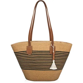 boshiho Sommer Stroh Strandtasche Damen - Handtasche Geflochten Braun-Schwarz groß, Strand Umhängetasche Strohtasche Korbtaschen für Reisen Urlaub, Arbeit, Outdoor, Shopper