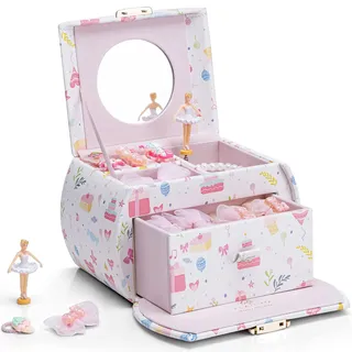 VLANDO Spieluhr Schmuckkästchen Mädchen mit Schubladen, Geburtstagsgeschenk Mädchen Geschenke 6 7 8 Jahre, Schmuckkasten Kinder, Ballerina Schmuckschatulle aus Leder mit Kanon Melodie und Schlüssel