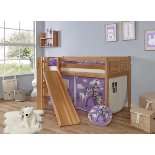 Ticaa Hochbett "Ekki" mit Rollrost und Textil-Set wahlweise mit Matratze, Buche, buche natur lackiert, prinzessin, lila