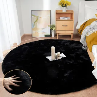 ORINOVA Teppich Rund Flauschig Waschbar Fellteppich 180 cm Schwarz Kunstfell Teppich Schlafzimmer Wohnzimmer Kinderzimmer Kuschelig Groß