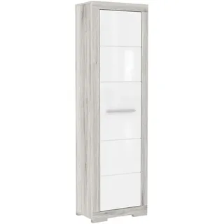 FORTE ATTRUS Schrank 60, Kleiderschrank klein, Flurschrank schmal, Garderobenschrank Skandinavisch, Weiß Hochglanz mit Holzdekor: Sandeiche, 58 cm breit x 198.5 cm x hoch x 36 cm tief