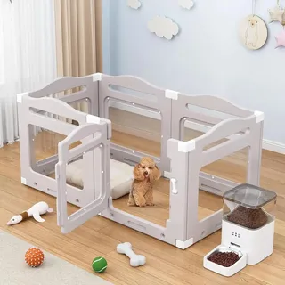 Hundewelpen Laufstall Indoor - Transparentes Welpengehege mit Tür - 6 Kunststoff-Elemente - Für Hund, Katze, Kaninchen - 129x68x60 cm - Grau Transparent
