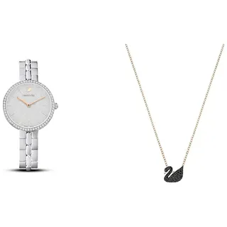 Swarovski Cosmopolitan Uhr, Metallarmband, Silberfarben, Edelstahl & Iconic Swan Anhänger, Schwan, Klein, Schwarz, Roségold-Legierungsschicht