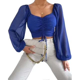 Onsoyours Langarmshirts Damen Einfarbig Bauchfrei T-Shirt Crop Top Kurz Tops Slim Oberteil Herzausschnitt T-Shirt mit Tunnelzug
