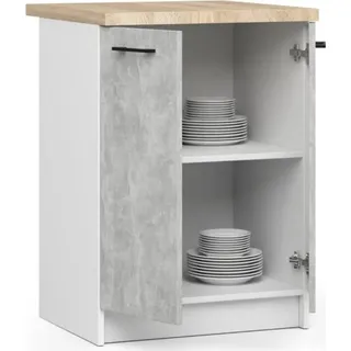BDW Küchenschrank, Schrank Küche mit Arbeitsplatte, Tür, Schublade, Weiß / Beton - Weiß