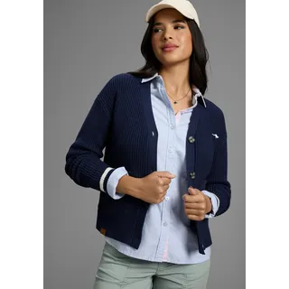Cardigan KANGAROOS, Damen, Gr. 44/46, blau (marine), Grobstrick, Obermaterial: 50% Viskose, 28% Polyester, 22% Polyamid, lässig geschnitten taillenbedeckt, V-Ausschnitt, Rippbündchen, Strickjacken Cardigan, im College-Look, kurz und kastig geschnitten