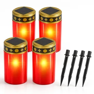 BYZESTY LED Grabkerze, 4 Stück Solar LED Grablicht, Grableuchten, Kerzen Outdoor, Solarbetrieben mit Lichtsensor, Stabilisierungsbügel mit Erdspieß, Lange Lebensdauer, Rot, 7 x 12 cm