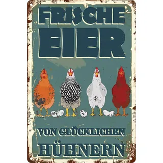 Hühnerstall Outdoor Blechschild-frische Eier glückliche Hühner Metallschild | Lustige Coop Metallschilder Vintage Schild Hühnerstall Zubehör Outdoor Deko (30x20 cm)