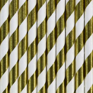 PartyDeco Papier Strohhalme Gold mit weißen Diagonalstreifen- Dekorative Strohhalme für Getränke Cocktail- Dekoration für Geburtstag Party Silvester Junggesellinnenabend Einweggeschirr Löffel