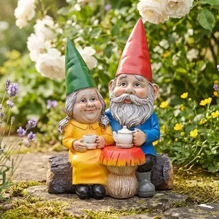 YOFHPT 1 Paar Gartenzwerge, Gartenzwerge für Außen Lustig, Wichtel Garten mit Beim Kaffeetrinken, GNOME Figuren Garten für Mama/Papa/Women, Außen, Balkon Hof Terrasse Haus (16 * 12 * 7CM)