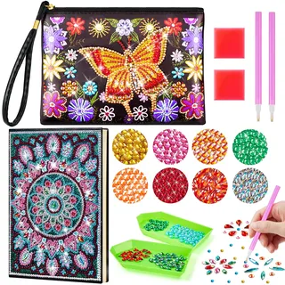 Enbagold Diamond Painting Kinder Kosmetiktasche & A5 Notizbuch, Bastelset Kinder ab 6 Jahre, Basteln Mädchen 8-12 Jahre, Geschenk Mädchen 6 7 8 9 10 11 12 Jahre -Blumenschmetterling + Sonnenblume