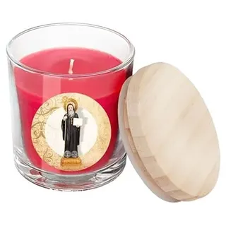 DRW Rote Kerze des Heiligen Benedikt, Glas, mit Deckel in Schachtel, 7 x 7 x 8,5 cm