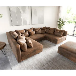Couch Clovis Braun Antik Optik mit Hocker Wohnlandschaft Modulsofa - Braun